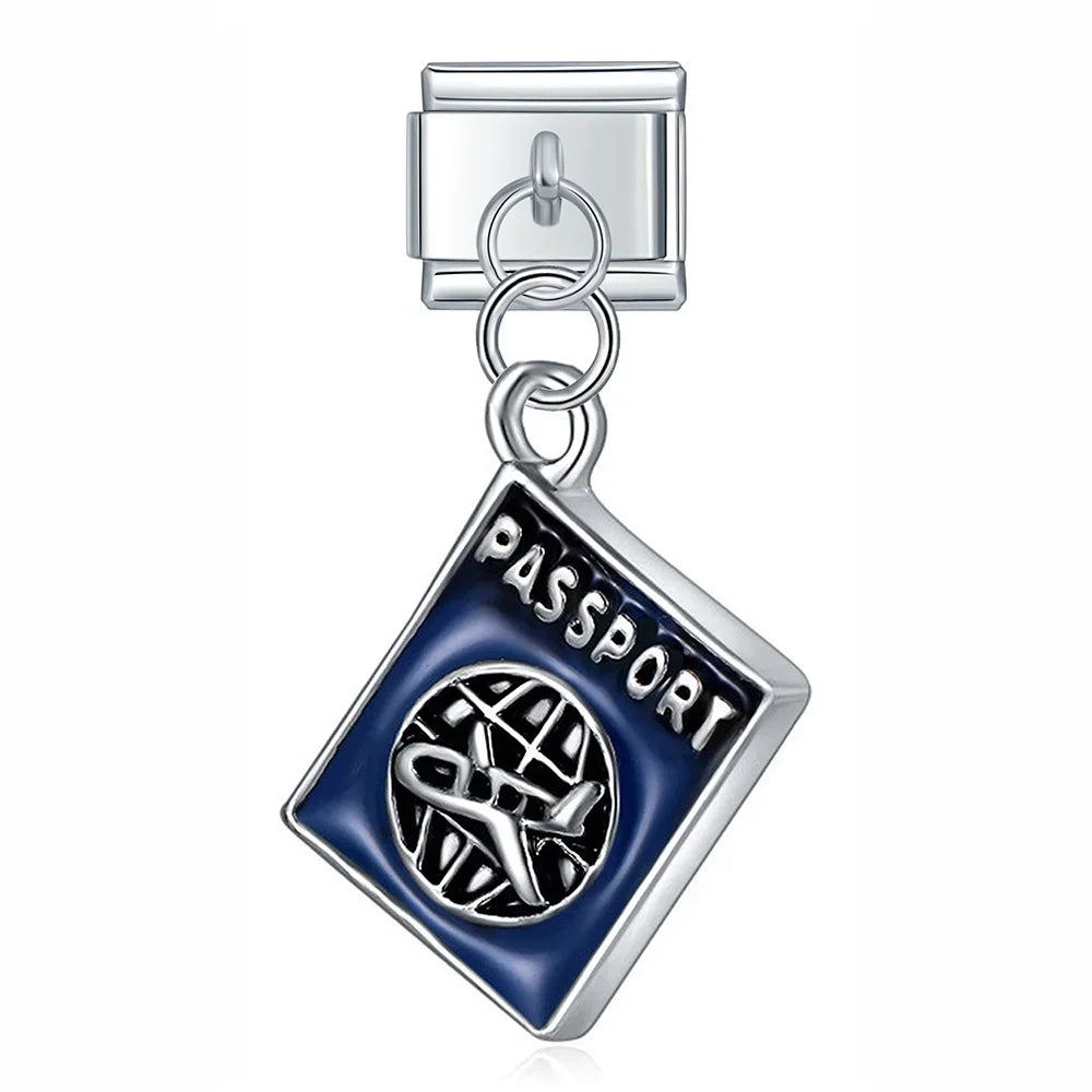 Daisy Bell Blue Turtle Beads silver charms – silver passport charm with travel design, Italian charm bracelet charm by Charmtastic