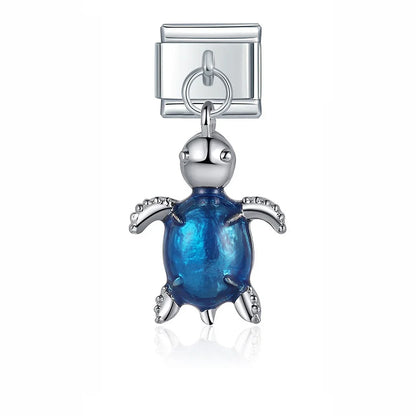 Daisy Bell Blue Turtle Beads silver charms – silver sea turtle charm with blue enamel shell, Italian charm bracelet charm by Charmtastic