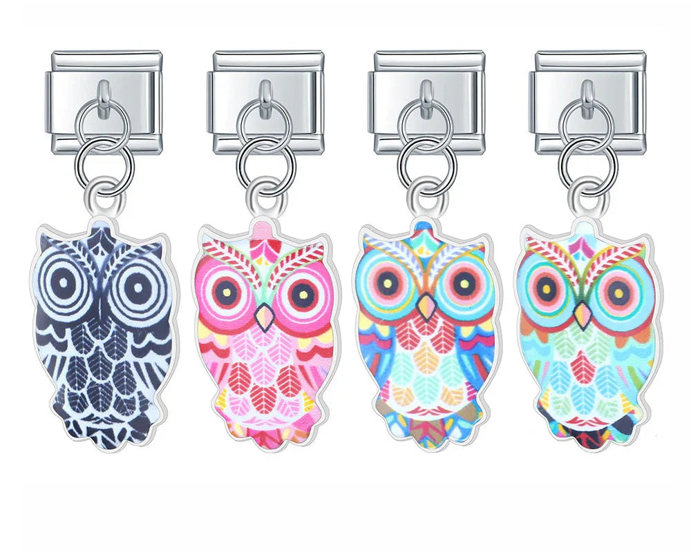 Daisy Colourful Glaze Owl Charms – owl charm in assorted colorful patterns, Italian charm bracelet charms by Charmtastic
