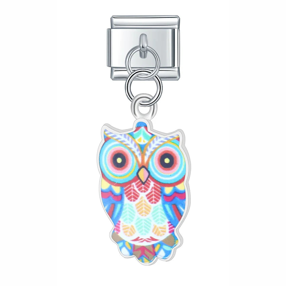 Daisy Colourful Glaze Owl Charms – owl charm in blue rainbow pattern, Italian charm bracelet charm by Charmtastic