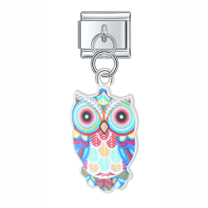 Daisy Colourful Glaze Owl Charms – owl charm in blue rainbow pattern, Italian charm bracelet charm by Charmtastic