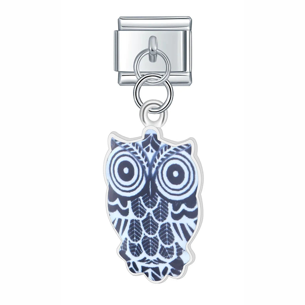 Daisy Colourful Glaze Owl Charms – owl charm in navy blue pattern, Italian charm bracelet charm by Charmtastic