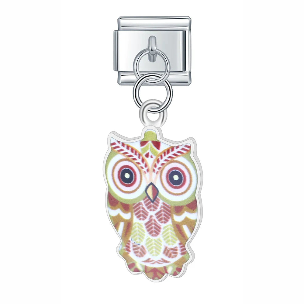 Daisy Colourful Glaze Owl Charms – owl charm in olive and cream pattern, Italian charm bracelet charm by Charmtastic