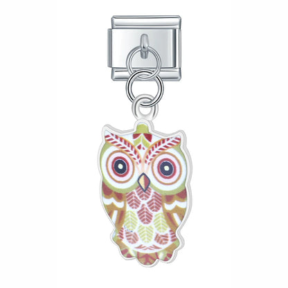 Daisy Colourful Glaze Owl Charms – owl charm in olive and cream pattern, Italian charm bracelet charm by Charmtastic