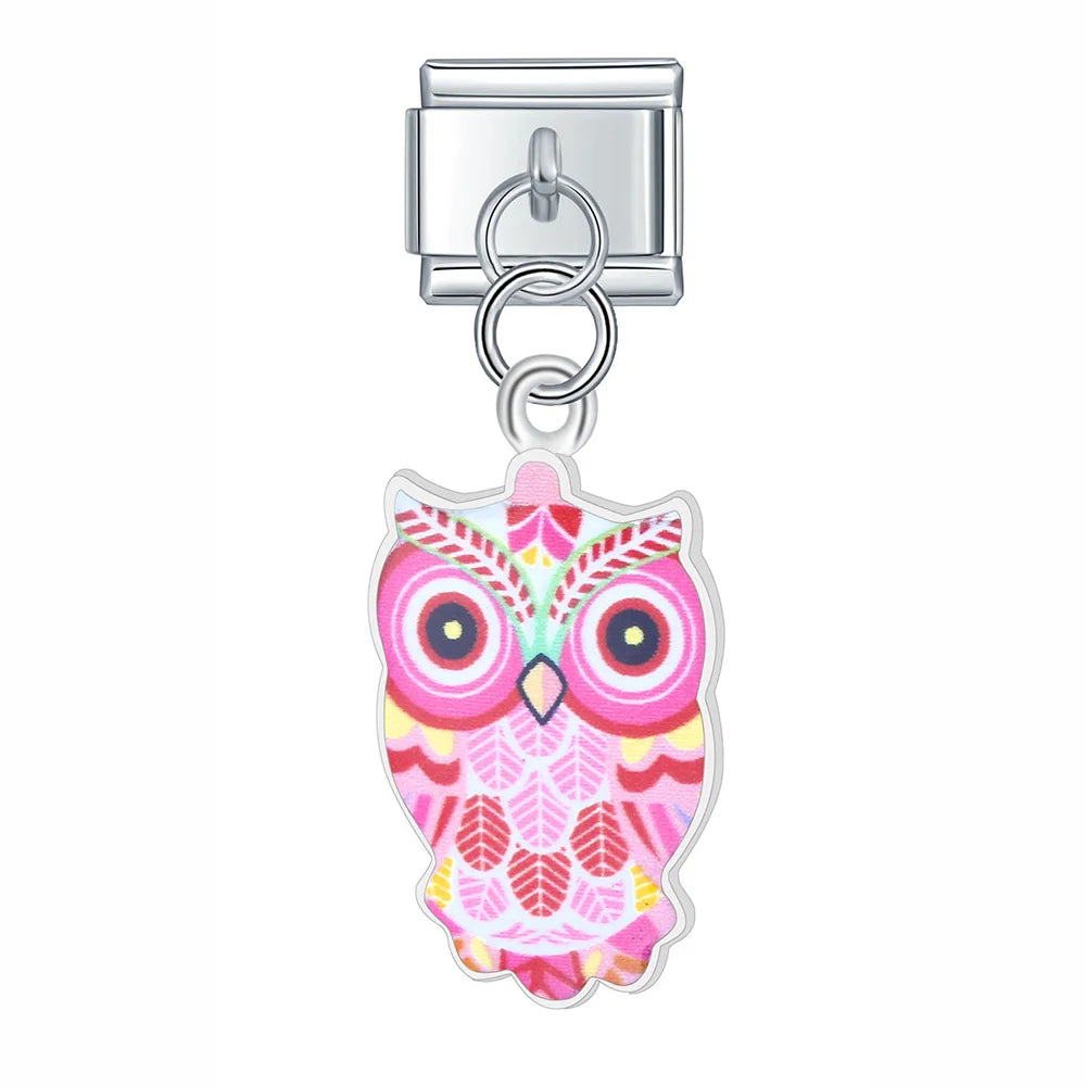 Daisy Colourful Glaze Owl Charms – owl charm in pink pattern, Italian charm bracelet charm by Charmtastic