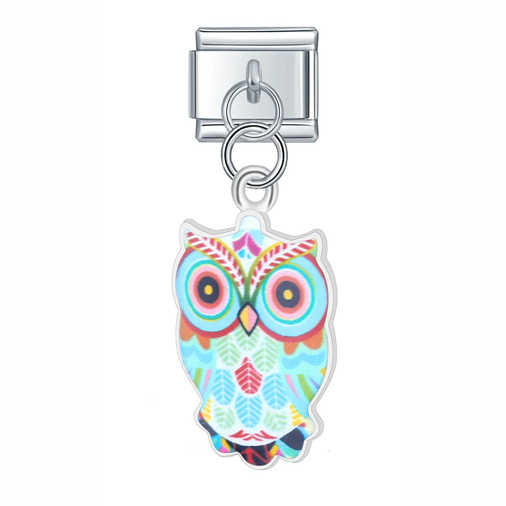 Daisy Colourful Glaze Owl Charms – owl charm in teal rainbow pattern, Italian charm bracelet charm by Charmtastic