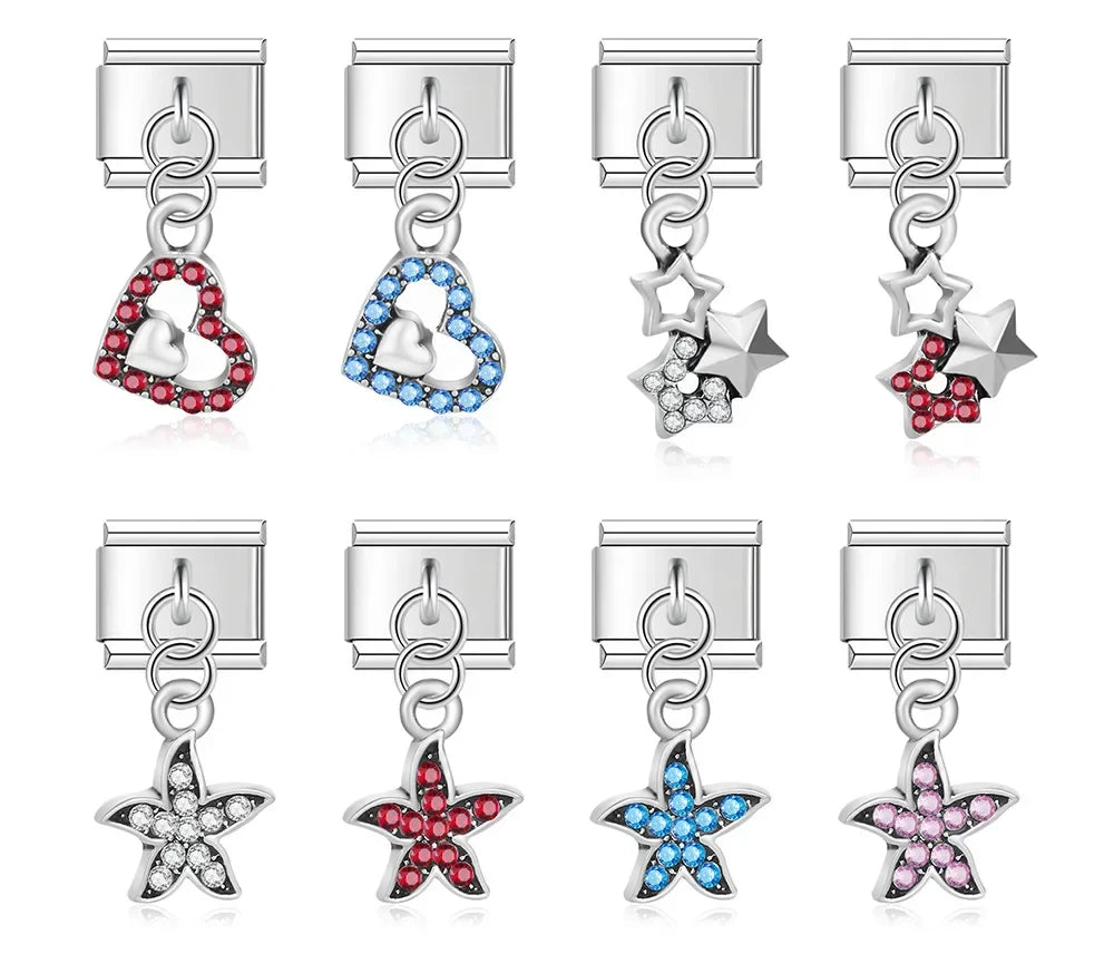 Rhinestone heart, star and starfish dangle silver Italian charms, by Charmtastic