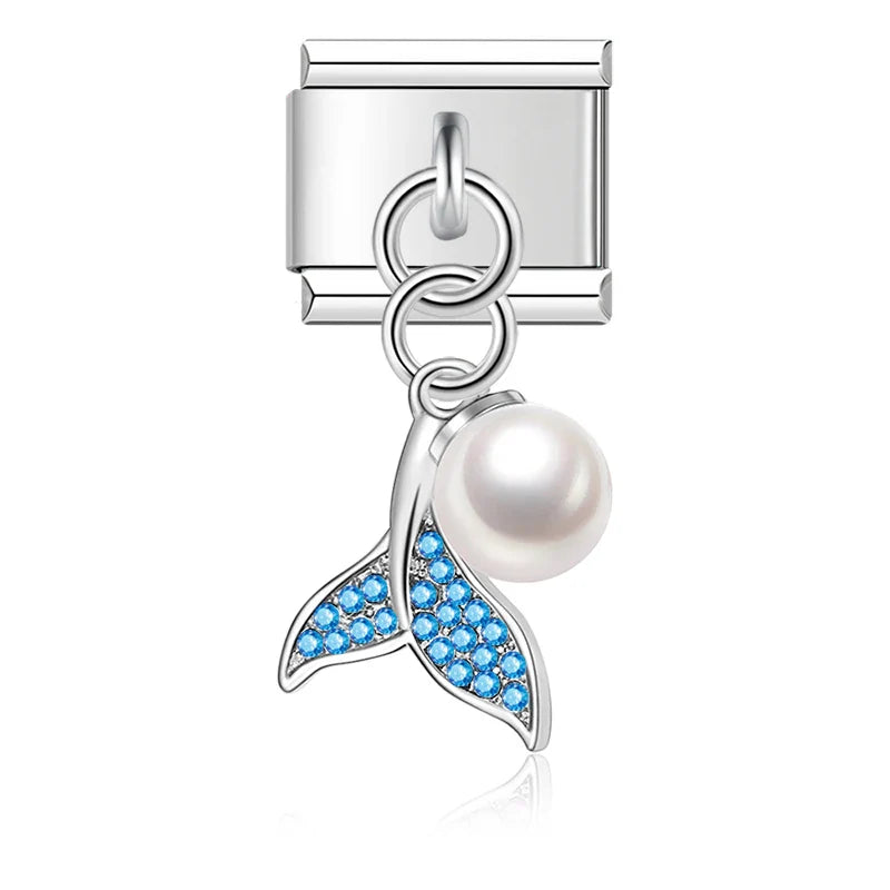 Bracelet Daisy Mom Owl Mermaid Tail charms – silver mermaid tail charm with blue crystals and pearl, Italian charm bracelet charm by Charmtastic
