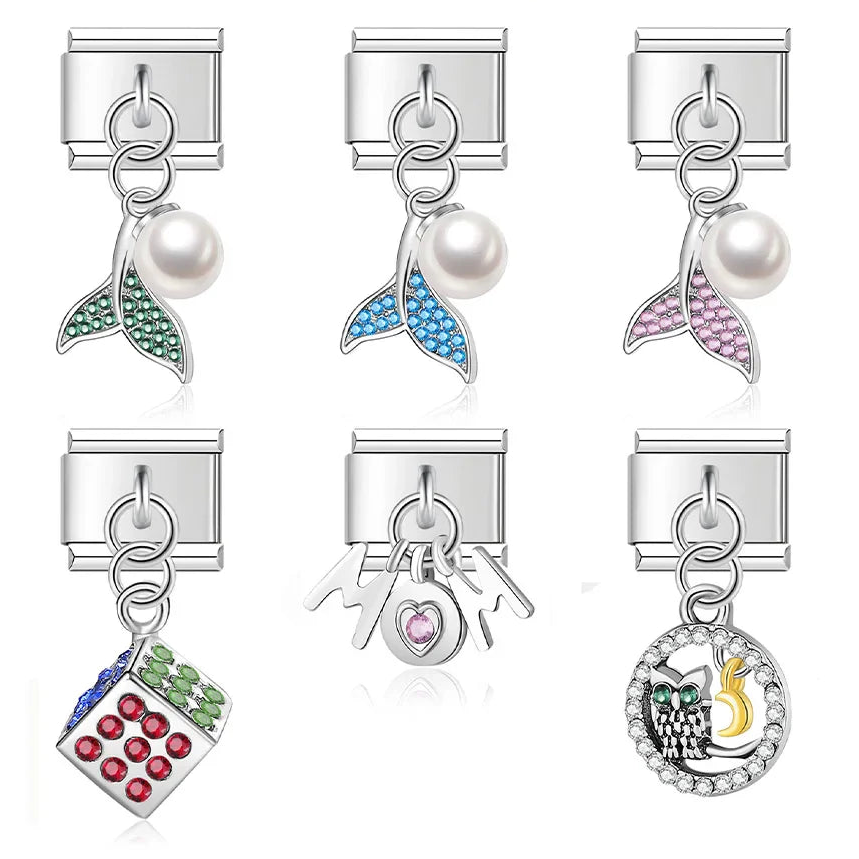 Bracelet Daisy Mom Owl Mermaid Tail charms – silver Italian charm set including mermaid tail with pearl charms in green, blue, and pink, a dice charm, a Mom heart charm, and an owl and moon charm, Italian charm bracelet charms by Charmtastic