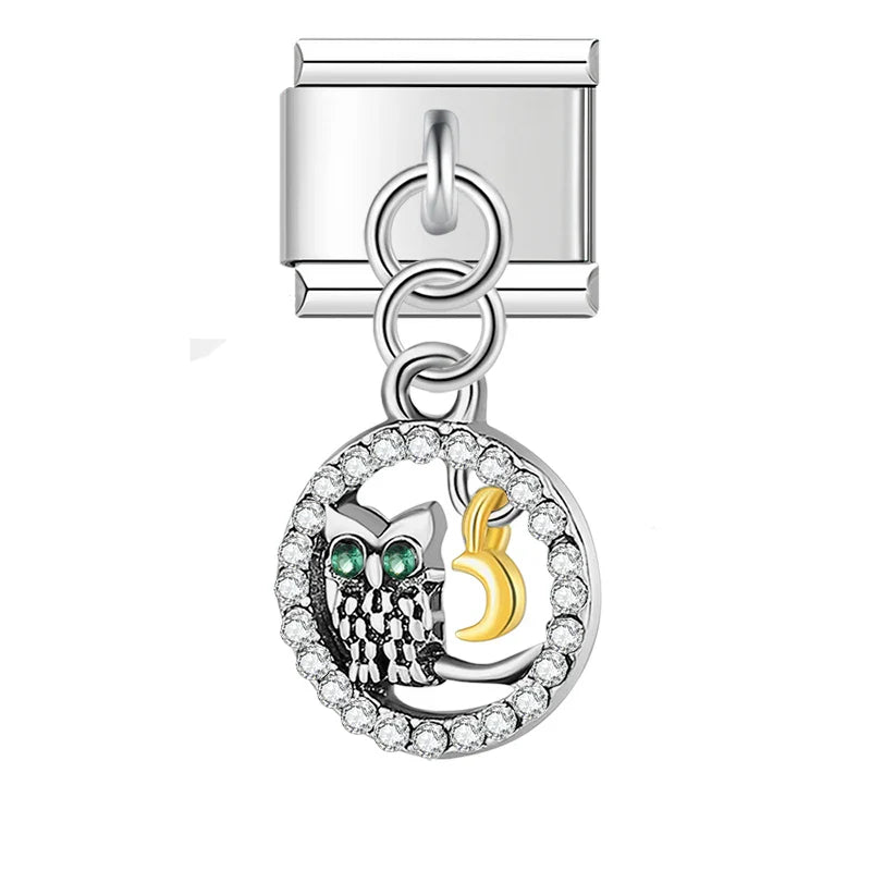 Bracelet Daisy Mom Owl Mermaid Tail charms – silver owl charm on crescent moon disc with crystal accents, Italian charm bracelet charm by Charmtastic