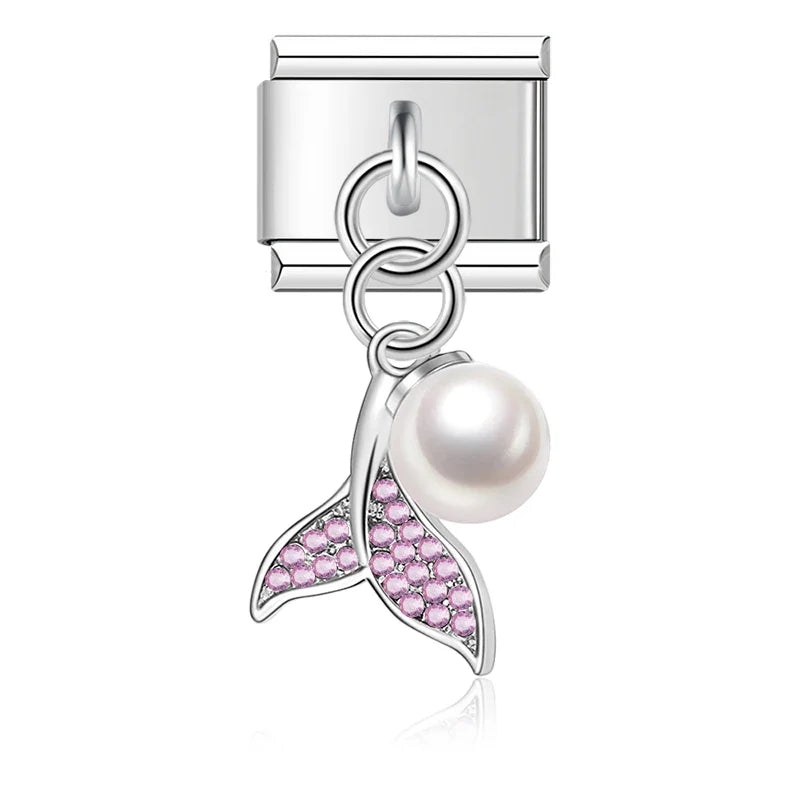 Bracelet Daisy Mom Owl Mermaid Tail charms – silver mermaid tail charm with pink crystals and pearl, Italian charm bracelet charm by Charmtastic