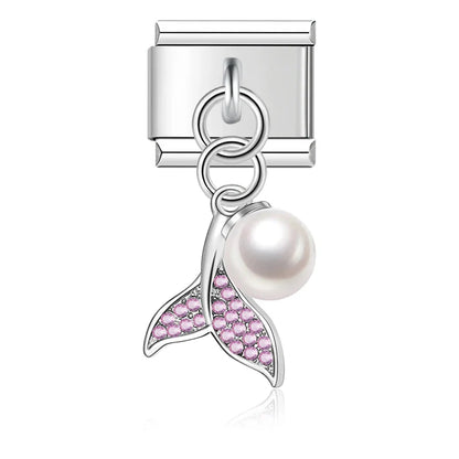 Bracelet Daisy Mom Owl Mermaid Tail charms – silver mermaid tail charm with pink crystals and pearl, Italian charm bracelet charm by Charmtastic
