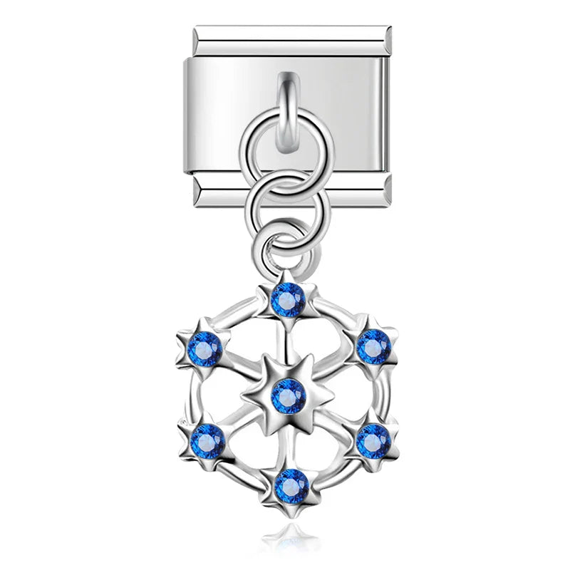 Daisy Mom Star Heart Rhinestone silver dangle chams – silver daisy star wheel charm with blue CZ stones, Italian charm bracelet charm by Charmtastic