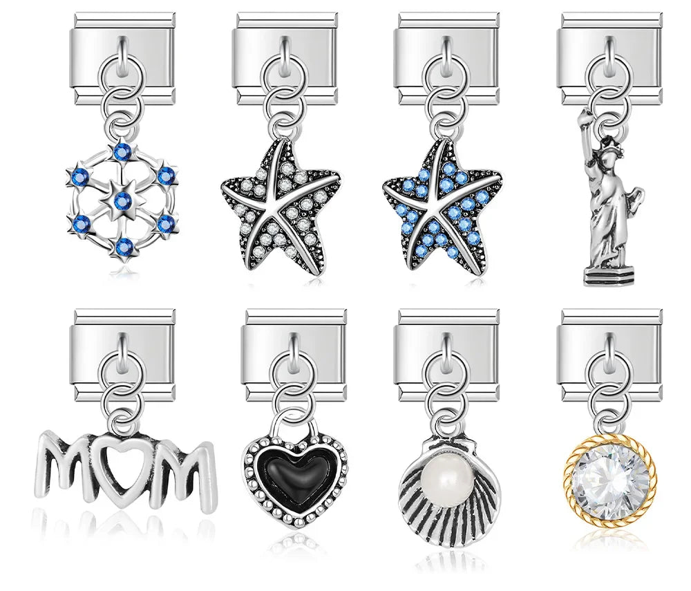 Daisy Mom Star Heart Rhinestone silver dangle chams – assorted silver dangle charms including starfish, MOM heart, Statue of Liberty, heart padlock, shell with pearl, and CZ medallion, Italian charm bracelet charms by Charmtastic