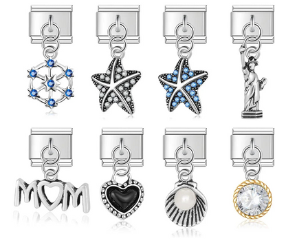 Daisy Mom Star Heart Rhinestone silver dangle chams – assorted silver dangle charms including starfish, MOM heart, Statue of Liberty, heart padlock, shell with pearl, and CZ medallion, Italian charm bracelet charms by Charmtastic