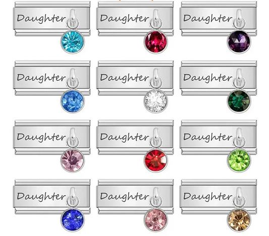 9mm silver Italian charm bracelet links engraved with the word Daughter, featuring 12 different colored birthstone crystal dangles.