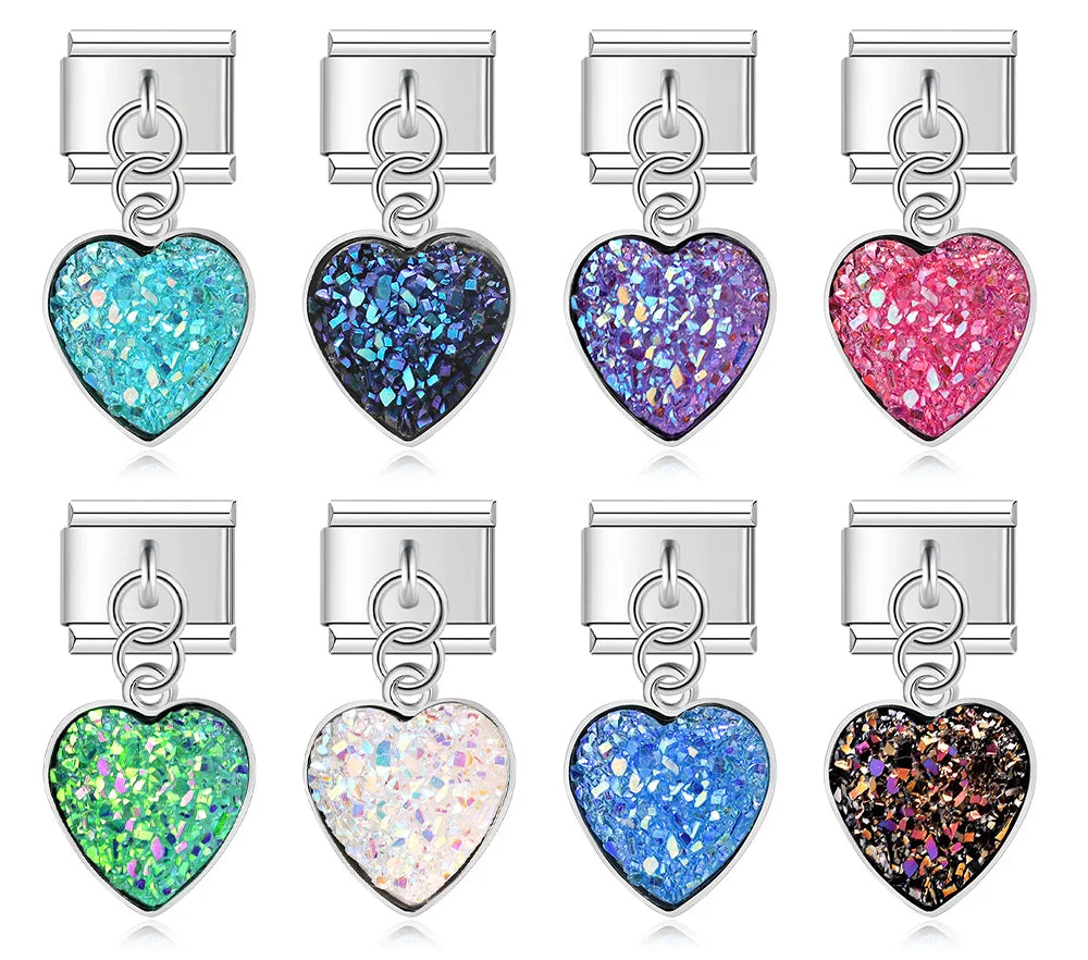 A collection of 8 silver dangle Italian charms on 9mm modular links featuring heart shapes filled with sparkling druzy crushed crystals in pink, blue, green, and opal - Charmtastic