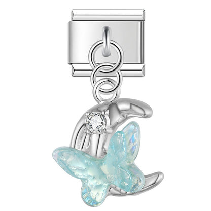Iridescent Butterfly, Moon & Shimmering Star Trio Dangle Italian Charms — Aurora Celestial Dangle Links