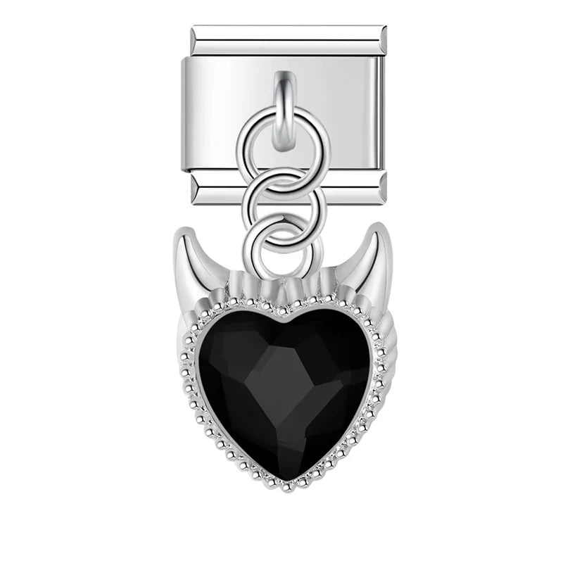Demon Heart gemstone silver&gold – demon heart crystal dangle charm in black, silver, Italian charm bracelet charm by Charmtastic
