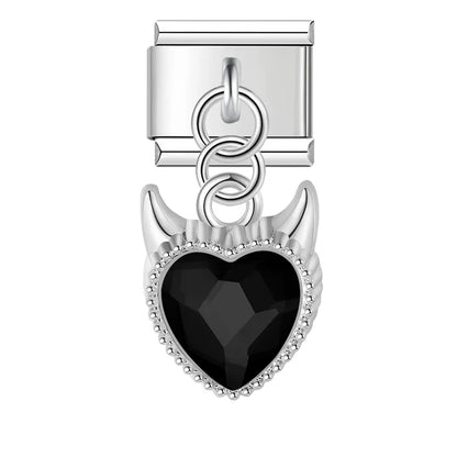 Demon Heart gemstone silver&gold – demon heart crystal dangle charm in black, silver, Italian charm bracelet charm by Charmtastic