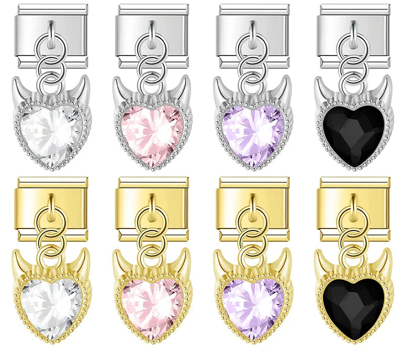 Demon Heart gemstone silver&gold – demon heart crystal dangle charm in white, pink, purple, and black, silver and gold, Italian charm bracelet charms by Charmtastic