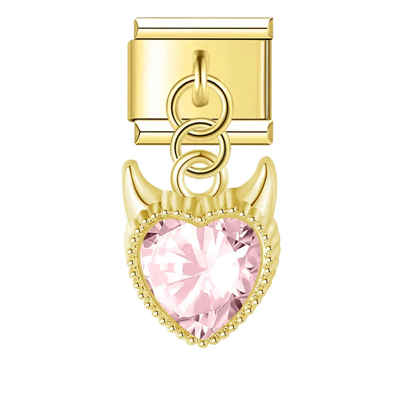 Demon Heart gemstone silver&gold – demon heart crystal dangle charm in pink, gold, Italian charm bracelet charm by Charmtastic