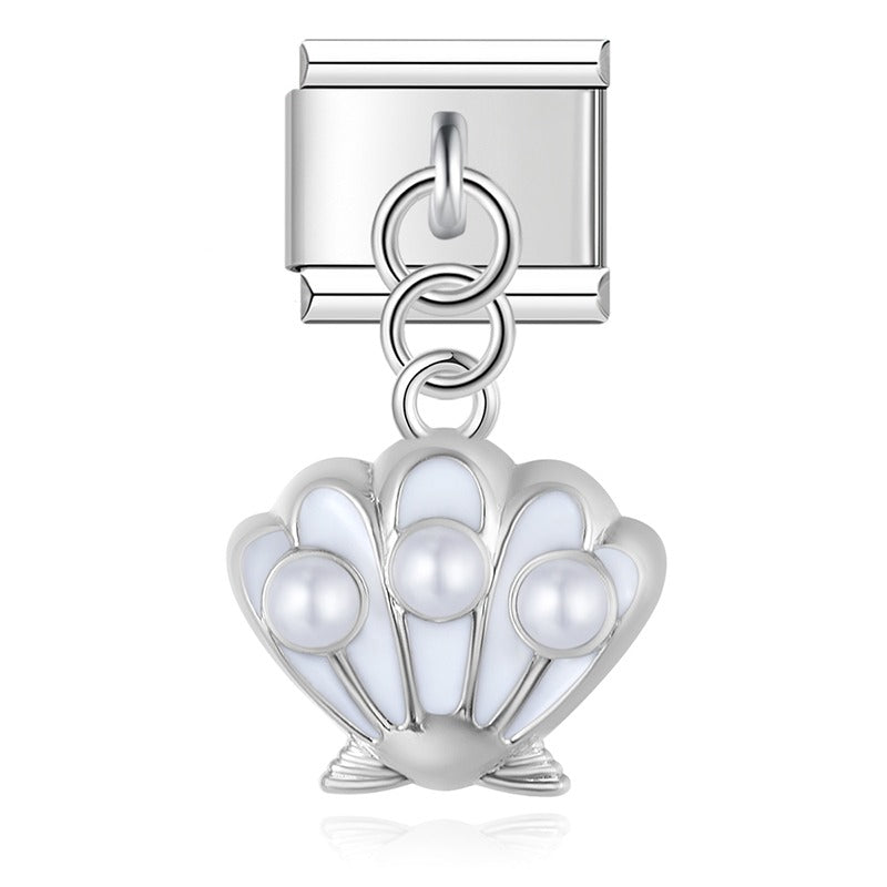 Pearl Scallop Shell Dangle Charm in Silver & Gold