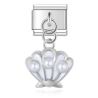 Pearl Scallop Shell Dangle Italian Charms — Silver & Gold Enamel Shell Dangle Links