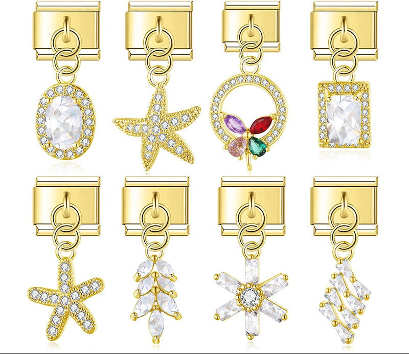 Elegant Diamond Starfish Star Flower charms in gold – assorted gold CZ charms including starfish, snowflake, oval halo, and circle designs, Italian charm bracelet charms by Charmtastic