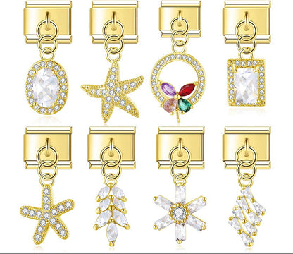 Elegant Diamond Starfish Star Flower charms in gold – assorted gold CZ charms including starfish, snowflake, oval halo, and circle designs, Italian charm bracelet charms by Charmtastic