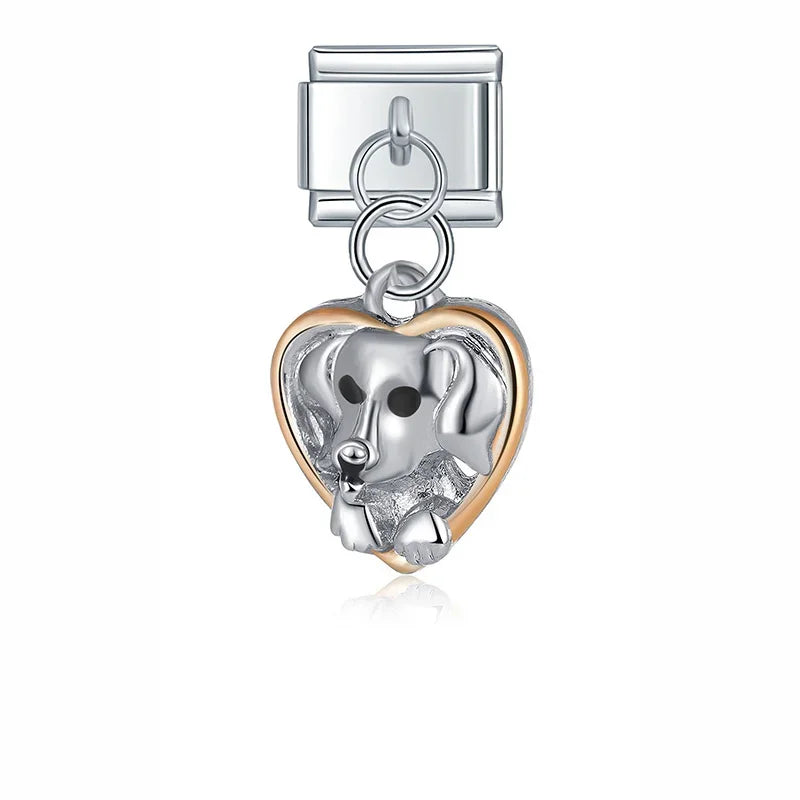 Colour Wing Key Heart Dog Charms – dog charm in heart frame, silver and rose gold, Italian charm bracelet charm by Charmtastic