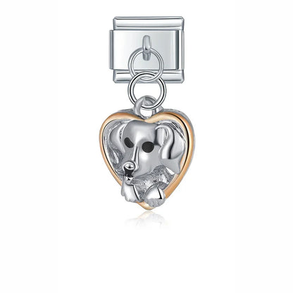 Colour Wing Key Heart Dog Charms – dog charm in heart frame, silver and rose gold, Italian charm bracelet charm by Charmtastic