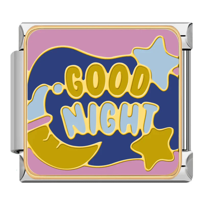 Dreamy Night & Sweet Dreams Charms – Good Night word enamel charm with crescent moon and stars on pink and navy background, Italian charm bracelet charm by Charmtastic