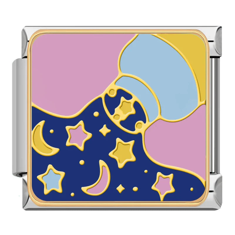 Dreamy Night & Sweet Dreams Charms – abstract night sky pattern enamel charm with moon and stars in pink, blue and navy, Italian charm bracelet charm by Charmtastic