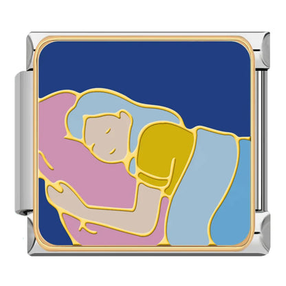Dreamy Night & Sweet Dreams Charms – illustration of a person sleeping on a pillow under a blanket enamel charm on navy background, Italian charm bracelet charm by Charmtastic