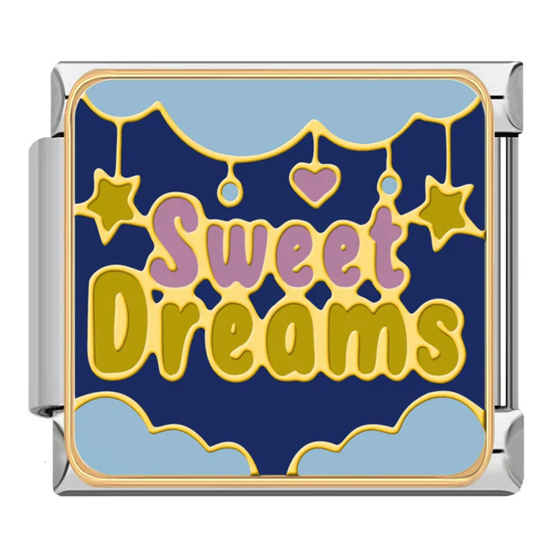Dreamy Night & Sweet Dreams Charms – Sweet Dreams word enamel charm with hanging stars and heart banner on navy background, Italian charm bracelet charm by Charmtastic