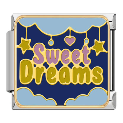 Dreamy Night & Sweet Dreams Charms – Sweet Dreams word enamel charm with hanging stars and heart banner on navy background, Italian charm bracelet charm by Charmtastic