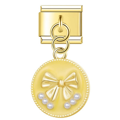 Heart & Pearl Bow Dangle Italian Charms in Gold — Textured Enamel Heart & Pearl Medallion Dangle Links
