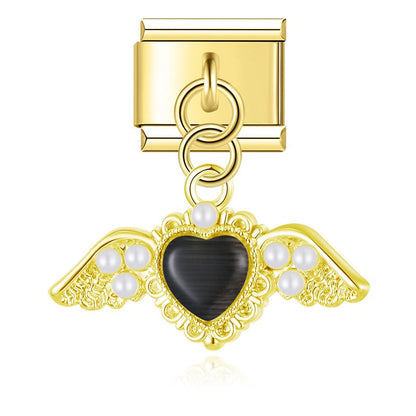 Crystal Orbit & Pearl Winged Heart Dangle Italian Charms — Silver & Gold Ribbon Heart & Wing Dangle Links