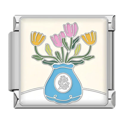 Elegant Silver Flower Italian Charms — Daisy, Rose, Hibiscus & Floral Enamel Bracelet Links