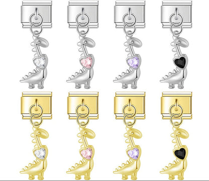 Cute Dinosaur Dangle Italian Charms — Silver & Gold Kawaii Dinosaur Dangle Links