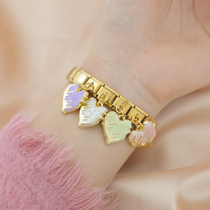 Heart & Pearl Bow Dangle Italian Charms in Gold — Textured Enamel Heart & Pearl Medallion Dangle Links