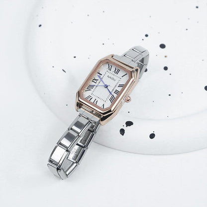 Rose Gold & Silver Rectangle Watch with Roman Numerals — Two-Tone Italian Charm Watch Bracelet