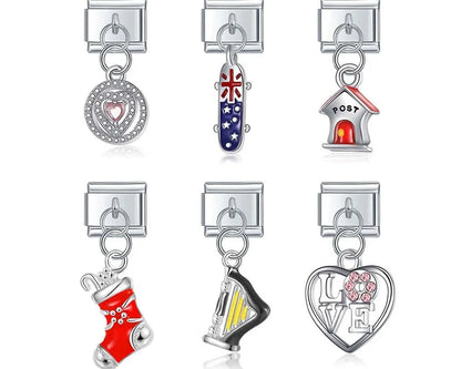 9mm silver Italian charm bracelet link featuring a skateboard, crystal love heart, harp, and holiday stocking for personalized modular jewelry.