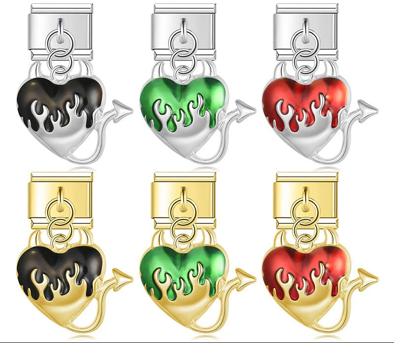 A collection of 6 dangle Italian charms on silver and gold 9mm modular links featuring devil hearts with horns and tails, filled with dripping black, green, and red enamel - Charmtastic