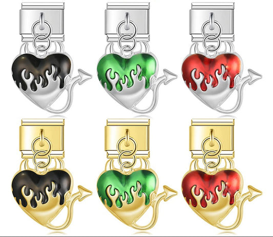 A collection of 6 dangle Italian charms on silver and gold 9mm modular links featuring devil hearts with horns and tails, filled with dripping black, green, and red enamel - Charmtastic