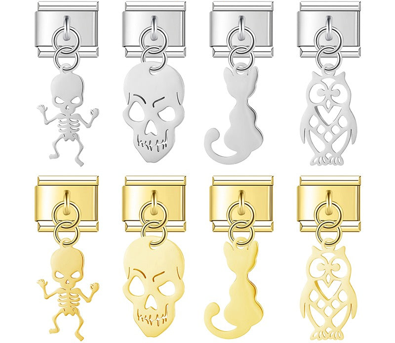 A collection of 8 dangle Italian charms on silver and gold 9mm modular links featuring cut-out silhouettes of a dancing skeleton, skull, cat, and owl - Charmtastic
