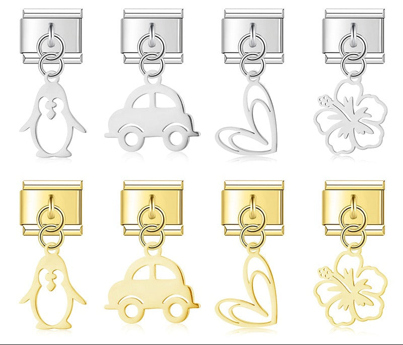 elegant charms Flower Heart Car Dog Penguin – penguin, car, swirl heart, and hibiscus flower dangle charms in silver and gold, Italian charm bracelet charms by Charmtastic