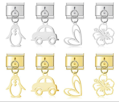 elegant charms Flower Heart Car Dog Penguin – penguin, car, swirl heart, and hibiscus flower dangle charms in silver and gold, Italian charm bracelet charms by Charmtastic