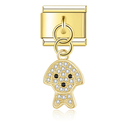 Elegant crystal charms silver&gold – gold crystal dog face dangle charm, Italian charm bracelet charm by Charmtastic